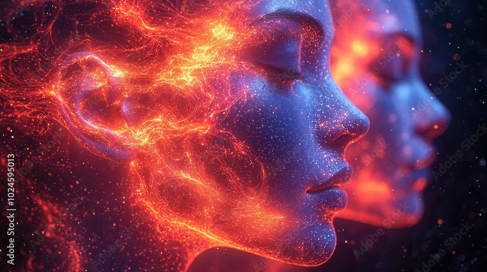 An artistic depiction of a woman's face showcasing vibrant colors, with ethereal and glowing effects, suggesting a cosmic or surreal theme. An artistic depiction of a woman's face showcasing vibrant colors, with ethereal and glowing effects, suggesting a cosmic or surreal theme.