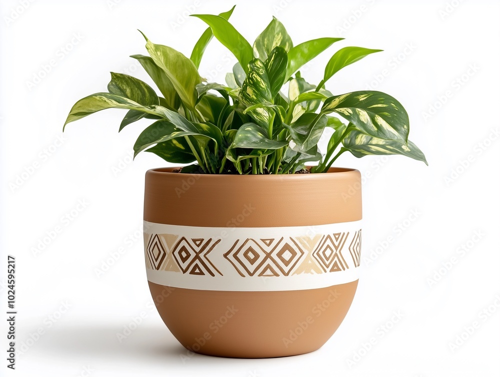A decorative terracotta pot with a patterned band, featuring vibrant green leaves of a houseplant that adds freshness to any space. A decorative terracotta pot with a patterned band, featuring vibrant green leaves of a houseplant that adds freshness to any space.