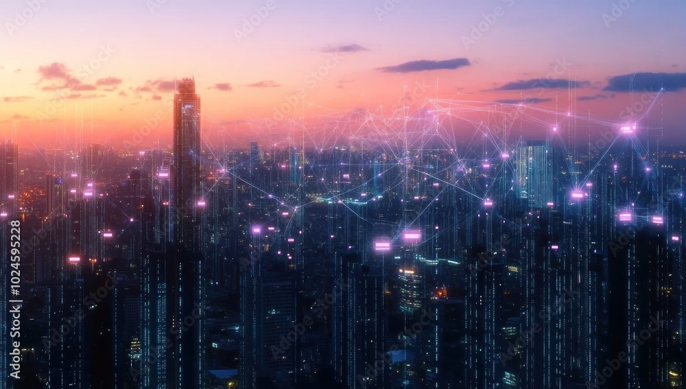 Fototapeta premium Cityscape with Network Connections at Sunset