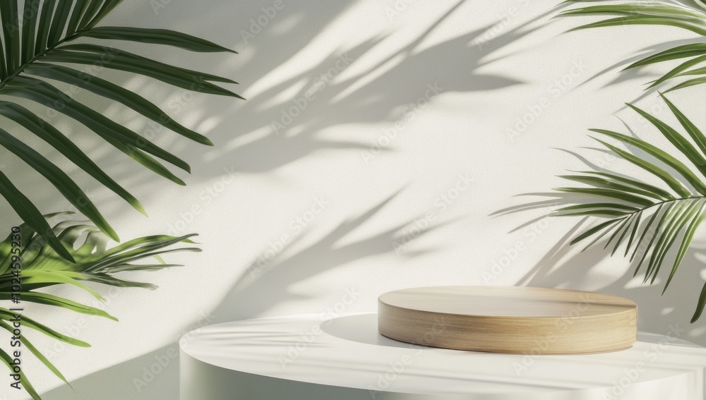 Minimalist Wood Platform with Tropical Leaves Minimalist Wood Platform with Tropical Leaves