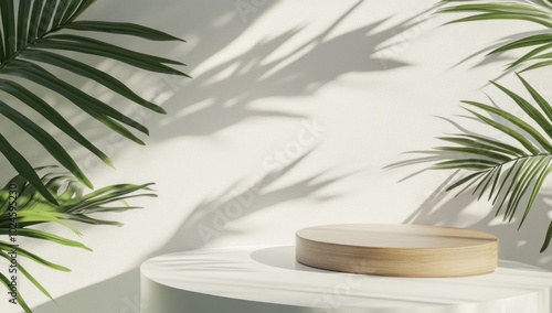 Minimalist Wood Platform with Tropical Leaves