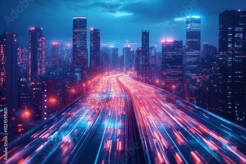 A futuristic cityscape at night with a highway lit by colorful car lights.