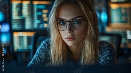 A woman wearing glasses is looking at a computer screen