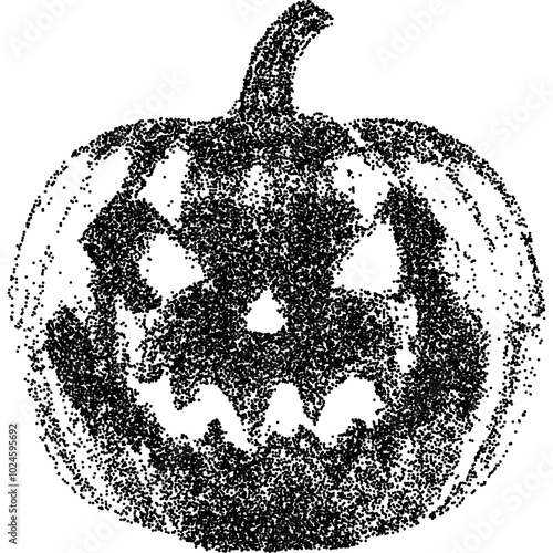 Creepy Halloween pumpkin lantern collage element with vintage stippling photocopy effect. Retro vector illustration for psychedelic surreal poster, with experimental grunge dotted texture
