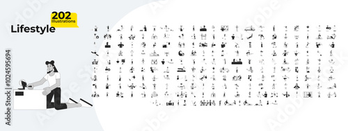 Multicultural lifestyle outline illustrations mega bundle. Construction workers. 90s retro. Psychology. Diwali. Musicians people 2D linear images isolated. Collection black and white vector drawings
