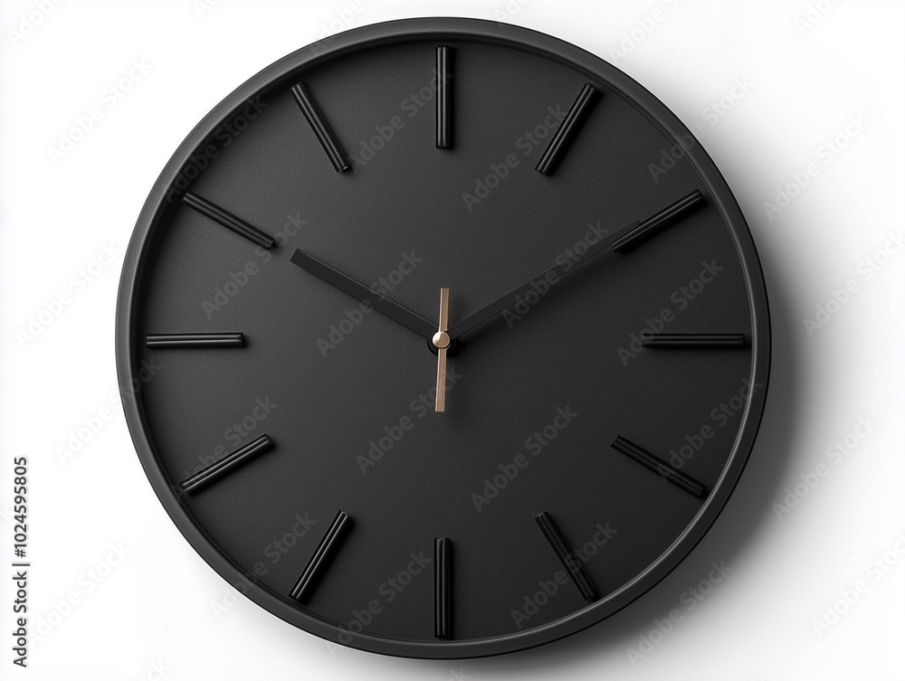A sleek black wall clock with minimalistic design, featuring prominent hour markers and a subtle gold hour hand. A sleek black wall clock with minimalistic design, featuring prominent hour markers and a subtle gold hour hand.