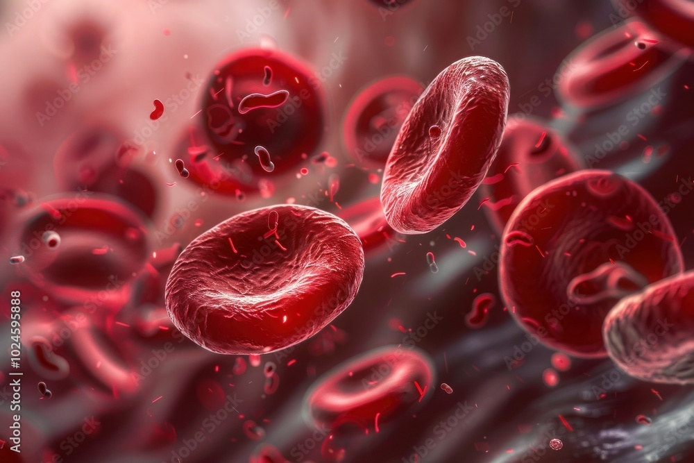 Fototapeta premium Close-up of red blood cells flowing through a narrow vessel, illuminated by soft light