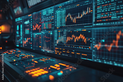 Futuristic Financial Data Dashboard. A high-tech interface displaying financial charts and data, ideal for illustrating modern financial analysis, stock trading, and market trends