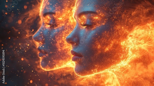 A stunning portrait merging two faces with fiery elements, creating an ethereal glow. The piece symbolizes duality and passion, capturing beauty and intensity.