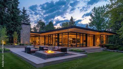 A luxurious, contemporary one-story house with a wide, open design, featuring large glass