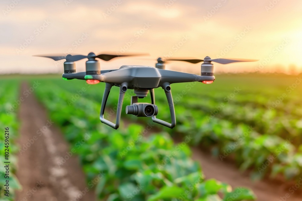 Drone Flying Over Green Field with Sunset Sky Drone Flying Over Green Field with Sunset Sky