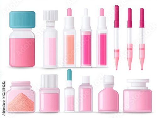 A vibrant collection of pink cosmetic containers, including jars, bottles, and droppers, perfect for beauty and skincare products.