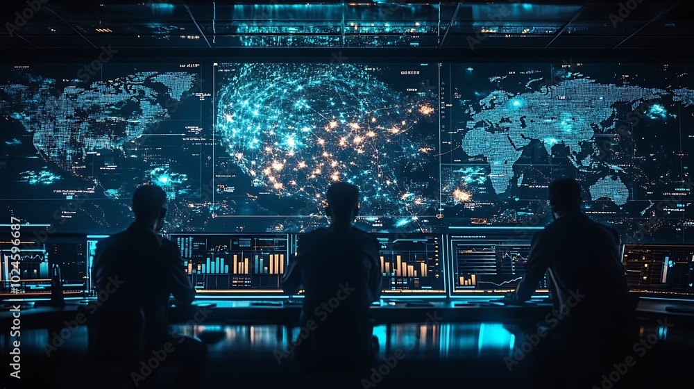 A group of forecasters in a modern command center, evaluating weather predictions based on satellite data, interactive maps and real-time data updates on large digital screens, A group of forecasters in a modern command center, evaluating weather predictions based on satellite data, interactive maps and real-time data updates on large digital screens,