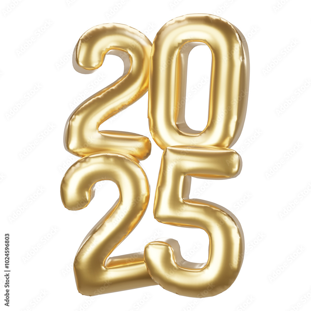 Happy new year 2025 metallic gold foil balloons. 3D render Golden Helium balloons 2025. Happy new year 2025 metallic gold foil balloons. 3D render Golden Helium balloons 2025.