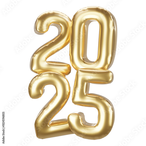 Happy new year 2025 metallic gold foil balloons. 3D render Golden Helium balloons 2025.