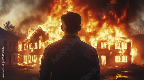 A man stands before a burning house, highlighting the destruction of architecture.