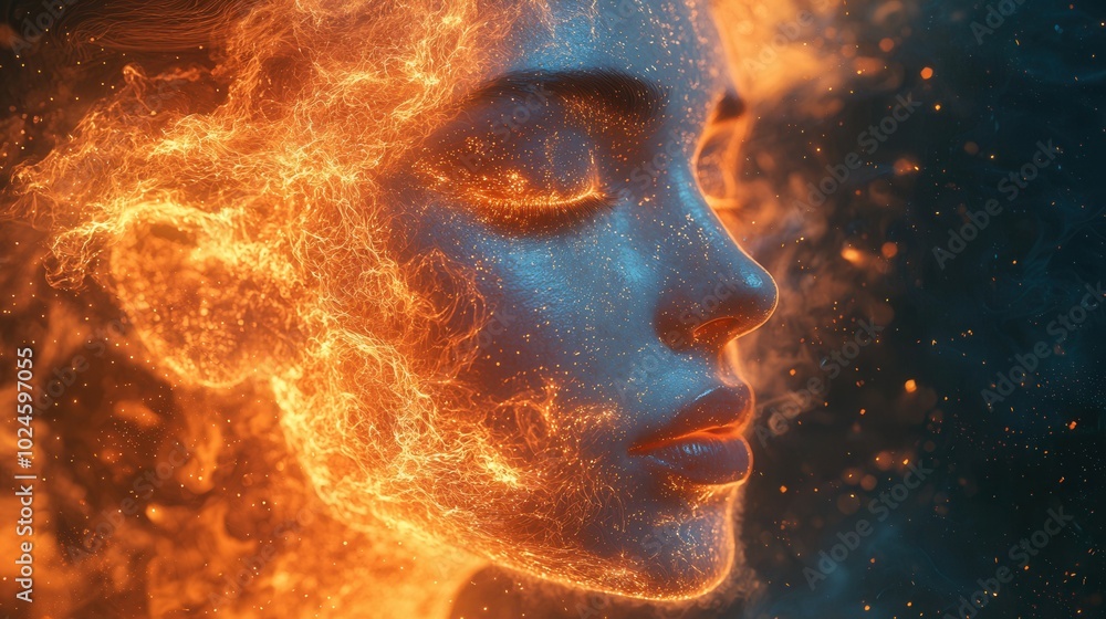 This artistic representation showcases a woman whose face is enveloped in fiery, glowing particles against a dark background, creating an ethereal effect. This artistic representation showcases a woman whose face is enveloped in fiery, glowing particles against a dark background, creating an ethereal effect.