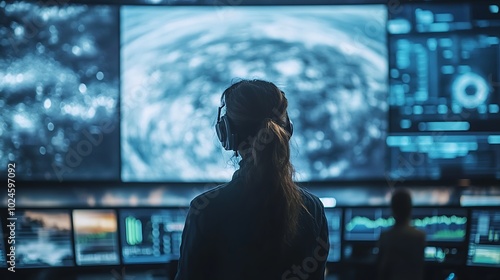 A group of meteorological scientists in a high-tech control room, observing satellite data on large digital boards, live storm activity and atmospheric pressure changes displayed in real-time,