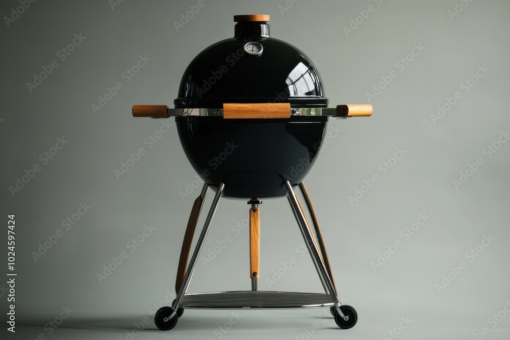 A modern black charcoal grill with a domed lid stands on four legs equipped with wheels A modern black charcoal grill with a domed lid stands on four legs equipped with wheels