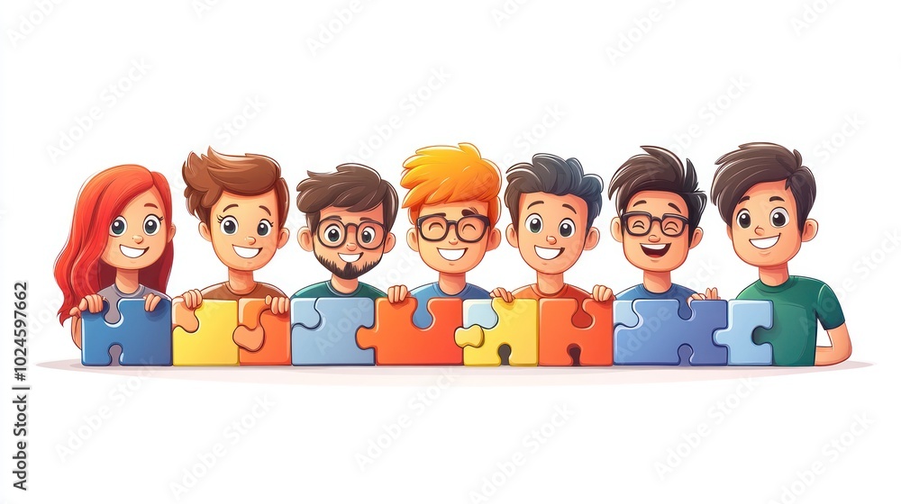 Happy friends holding puzzle pieces together Happy friends holding puzzle pieces together
