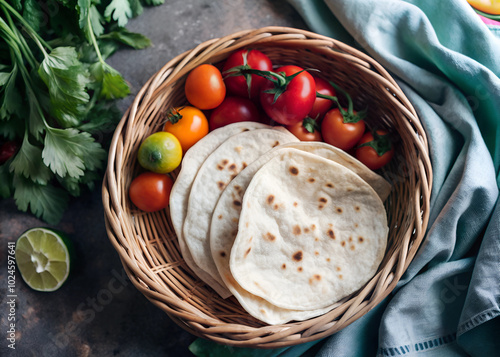 Flat-lay shot of wheat tortillas in a basket, accompanied by colorful vegetables and fresh herbs photo