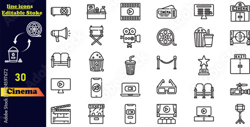 Cinema icons vector set. Movie, film, video, tv and more icon .