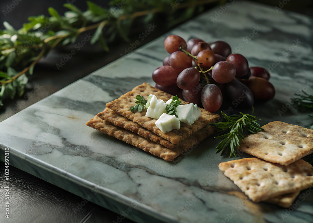 Close-up of golden-brown wheat crackers arranged on a marble slab, with small cheese blocks and grapes on the side Close-up of golden-brown wheat crackers arranged on a marble slab, with small cheese blocks and grapes on the side