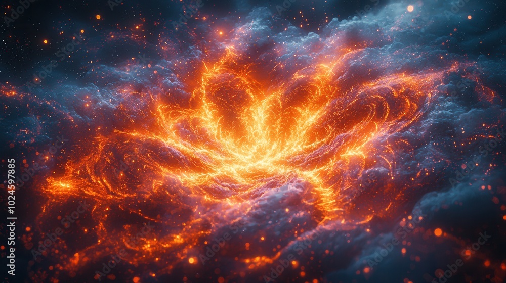 A vibrant display of cosmic energy resembling molten lava, with swirling orange and blue hues among starry background. A mesmerizing visual experience of the universe. A vibrant display of cosmic energy resembling molten lava, with swirling orange and blue hues among starry background. A mesmerizing visual experience of the universe.