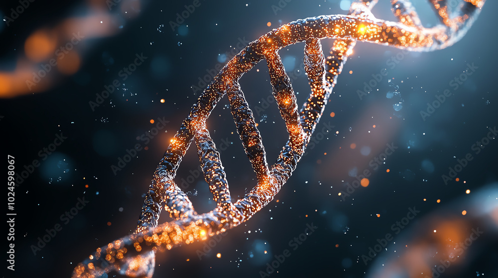 Close-up of a glowing DNA helix, showcasing intricate details and molecular structure against a dark background, representing the essence of biology and genetics. Close-up of a glowing DNA helix, showcasing intricate details and molecular structure against a dark background, representing the essence of biology and genetics.