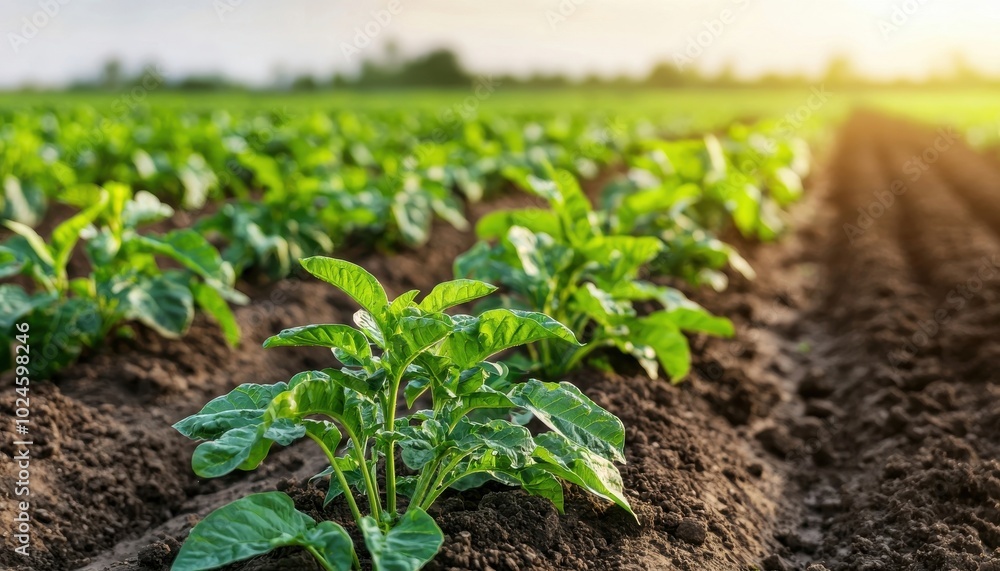 Green Potato Plants Growing in a Field with Sunlight Green Potato Plants Growing in a Field with Sunlight
