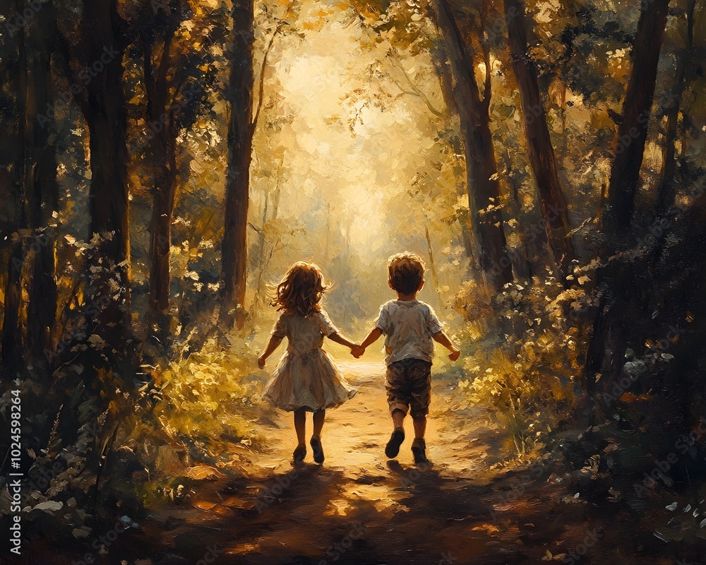 Fototapeta premium Two children walking hand in hand through a sunlit forest, enjoying a magical moment in nature's embrace.