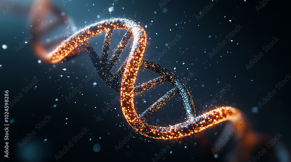 A close-up view of a DNA double helix, beautifully illuminated with sparkling particles, showcasing the complexity and elegance of genetic structures in a dark background. A close-up view of a DNA double helix, beautifully illuminated with sparkling particles, showcasing the complexity and elegance of genetic structures in a dark background.