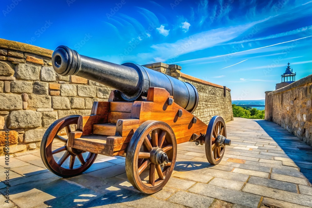 Old Iron Cannon on Wheels by Castle Wall - Historic Fortification Scene Old Iron Cannon on Wheels by Castle Wall - Historic Fortification Scene