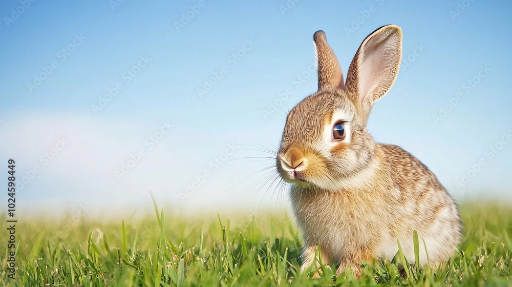 Fototapeta premium Bunny in a Meadow: A sweet, fluffy rabbit sits in a meadow, looking up with a curious expression. The image is perfect for springtime, Easter, or any project needing a touch of cuteness. 