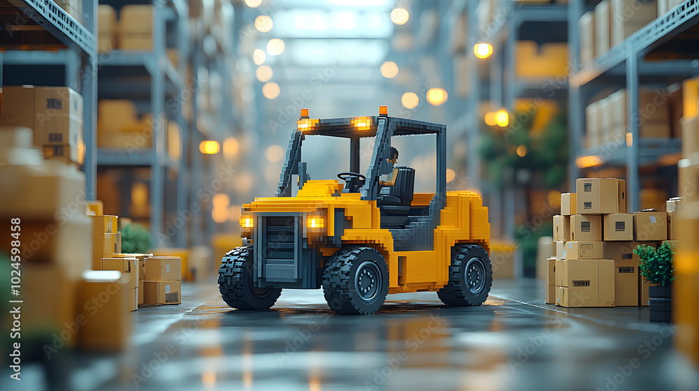 A yellow forklift is picking up boxes from the warehouse floor. The image captures the forklift in action, showcasing its sturdy design and the various boxes being lifted. The warehouse setting provid A yellow forklift is picking up boxes from the warehouse floor. The image captures the forklift in action, showcasing its sturdy design and the various boxes being lifted. The warehouse setting provid