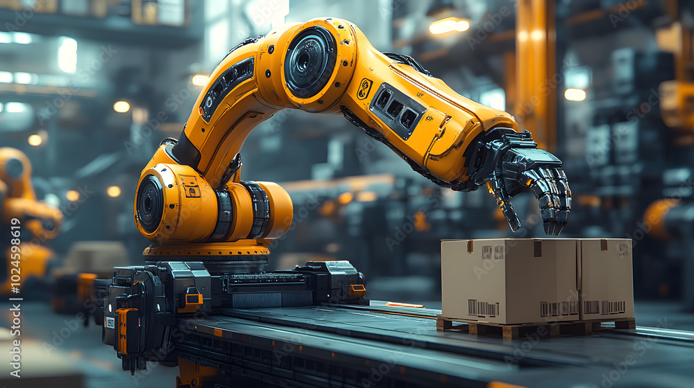 A yellow forklift is picking up boxes from the warehouse floor. The image captures the forklift in action, showcasing its sturdy design and the various boxes being lifted. The warehouse setting provid A yellow forklift is picking up boxes from the warehouse floor. The image captures the forklift in action, showcasing its sturdy design and the various boxes being lifted. The warehouse setting provid
