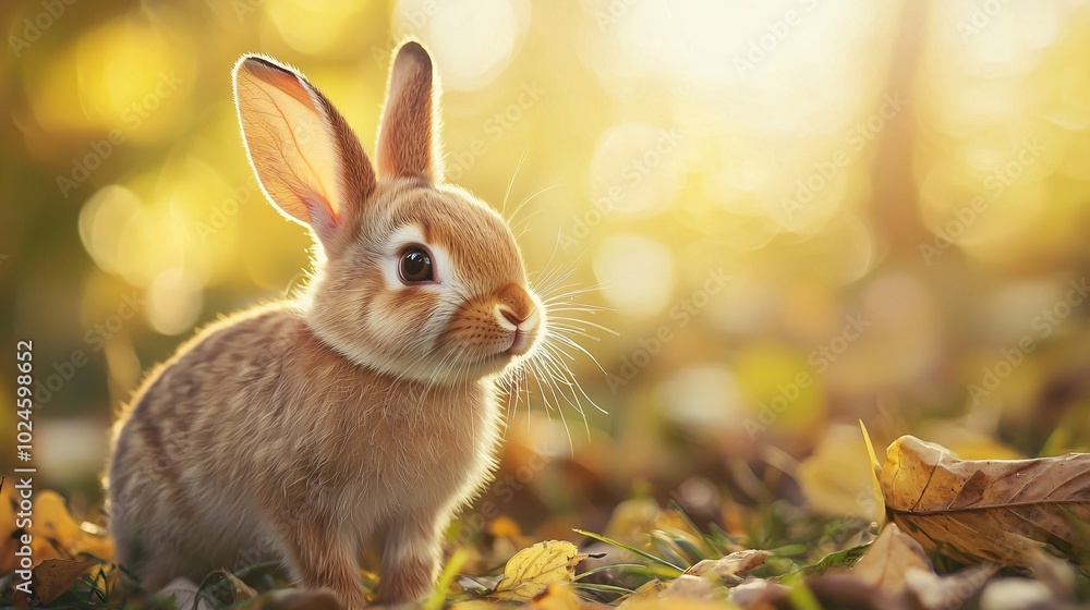 Golden Hour Bunny: Adorable rabbit sitting amidst autumn leaves, bathed in warm sunlight. A heartwarming image perfect for nature lovers and pet enthusiasts. Golden Hour Bunny: Adorable rabbit sitting amidst autumn leaves, bathed in warm sunlight. A heartwarming image perfect for nature lovers and pet enthusiasts.