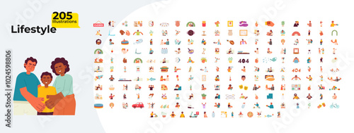 Daily life cartoon flat illustrations mega bundle. Diversity wedding. Fast food. Hobbies leisure activity. Heat stroke. 404 error 2D images isolated on white. Collection vector drawings colorful