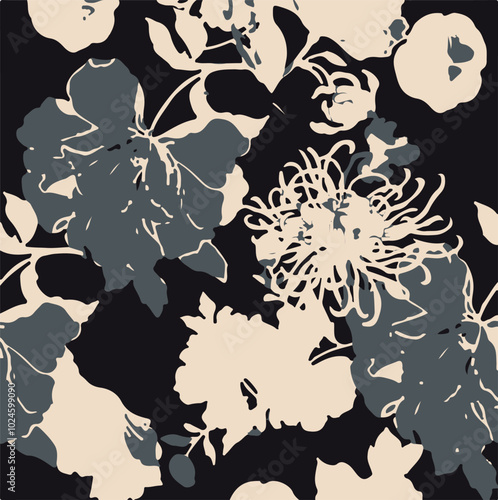 Big flowers pattern, upscale floral pattern. graphical textures floral, trendy colors pattern , flowers background with leaves. vector illustration,tropical,monochrome