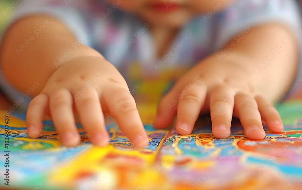 A close-up of a child's hands exploring a colorful puzzle, fostering sensory development and early learning through play. A close-up of a child's hands exploring a colorful puzzle, fostering sensory development and early learning through play.