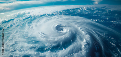 Aerial view of a powerful hurricane swirling over the ocean.