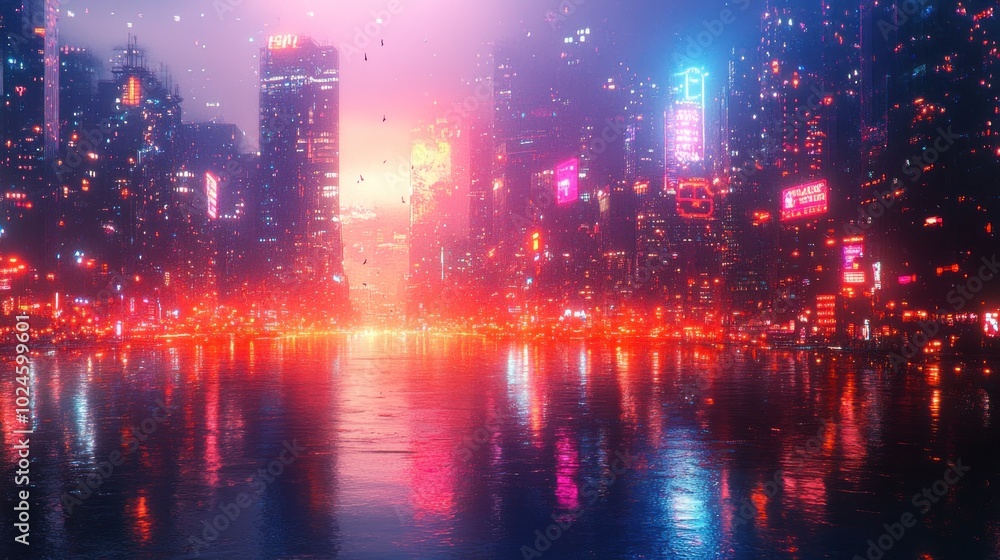 A futuristic city skyline with neon lights reflecting in the water, creating a vibrant and colorful scene. A futuristic city skyline with neon lights reflecting in the water, creating a vibrant and colorful scene.