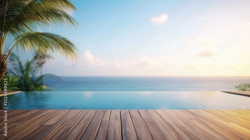 Fototapeta premium A poolside scene focusing on a wooden deck in the foreground. The deck leads to an inviting