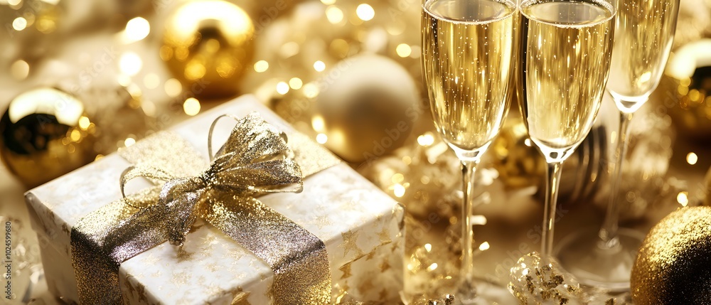 Elegant celebration scene with champagne glasses, a gift box, and festive decorations in gold and white. Elegant celebration scene with champagne glasses, a gift box, and festive decorations in gold and white.