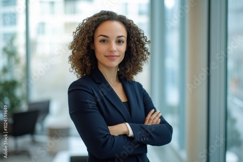 A professional woman with curly hair, wearing a navy blazer, standing with her arms crossed