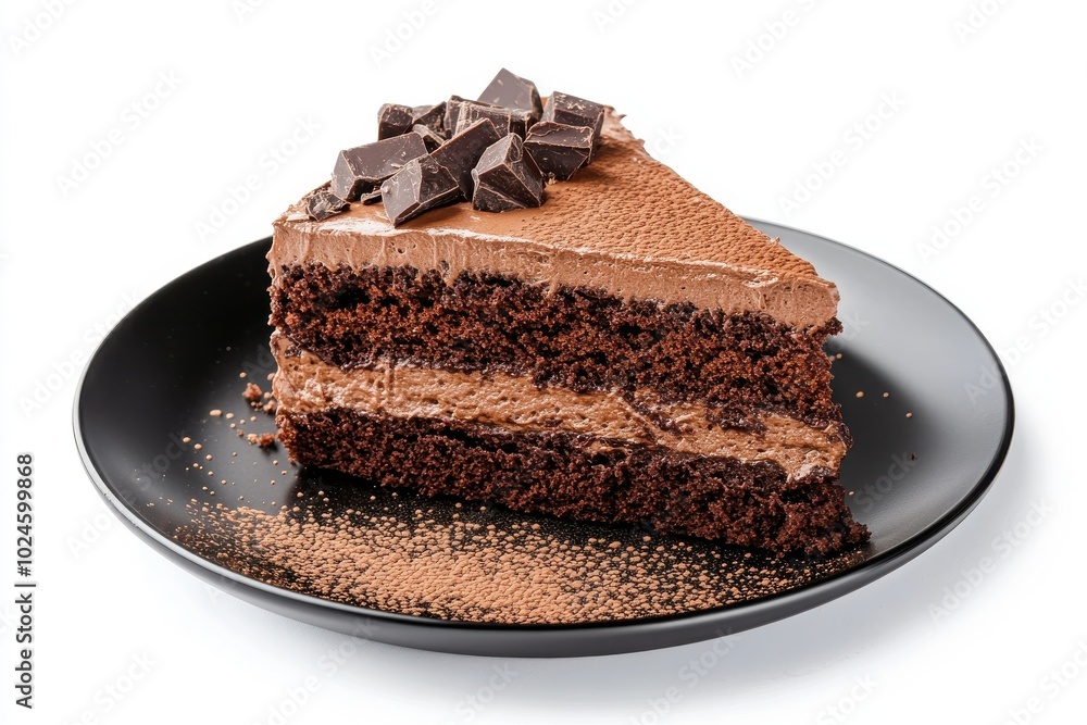 A rich, moist slice of layered chocolate cake sits on a black plate. The cake is topped A rich, moist slice of layered chocolate cake sits on a black plate. The cake is topped