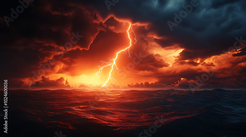 Dramatic lightning strike over turbulent ocean waters during a stunning sunset.