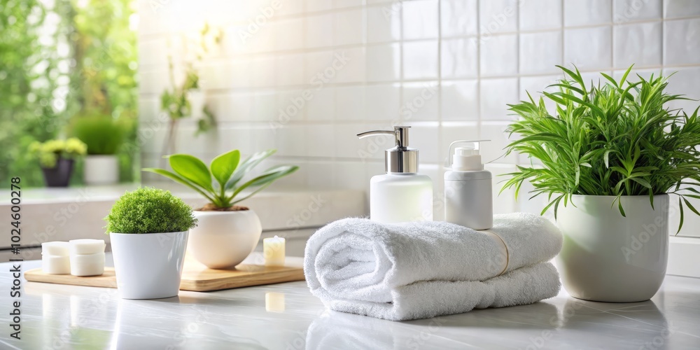 Elegant White Beauty Product Mockup in Serene Bathroom Setting with Towels and Plant Elegant White Beauty Product Mockup in Serene Bathroom Setting with Towels and Plant