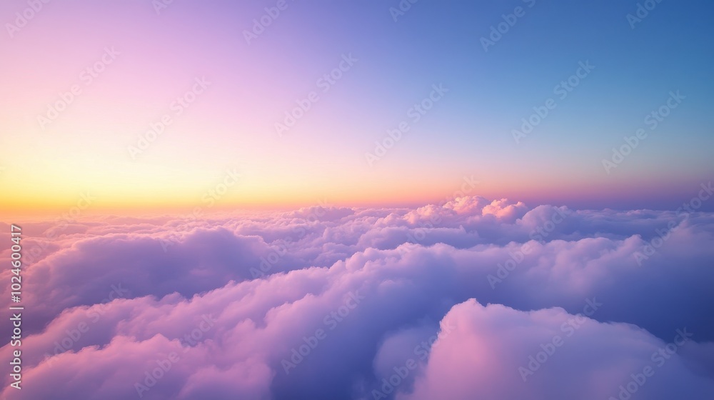 A scenic view from above the clouds at dawn or dusk. The sky is a gradient of blues and purples A scenic view from above the clouds at dawn or dusk. The sky is a gradient of blues and purples