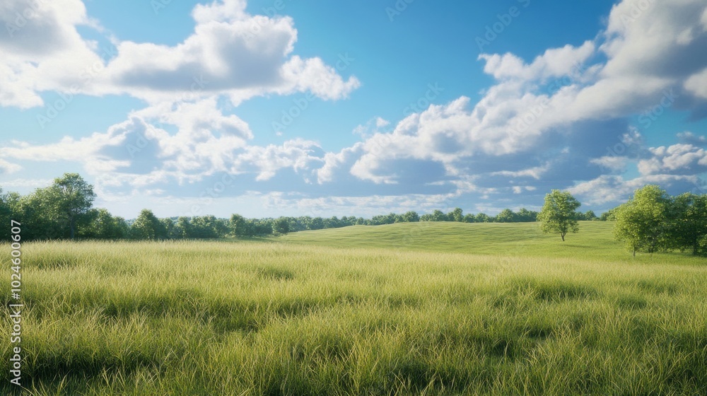 A serene, expansive meadow with tall grass and scattered trees under a blue sky filled with light A serene, expansive meadow with tall grass and scattered trees under a blue sky filled with light